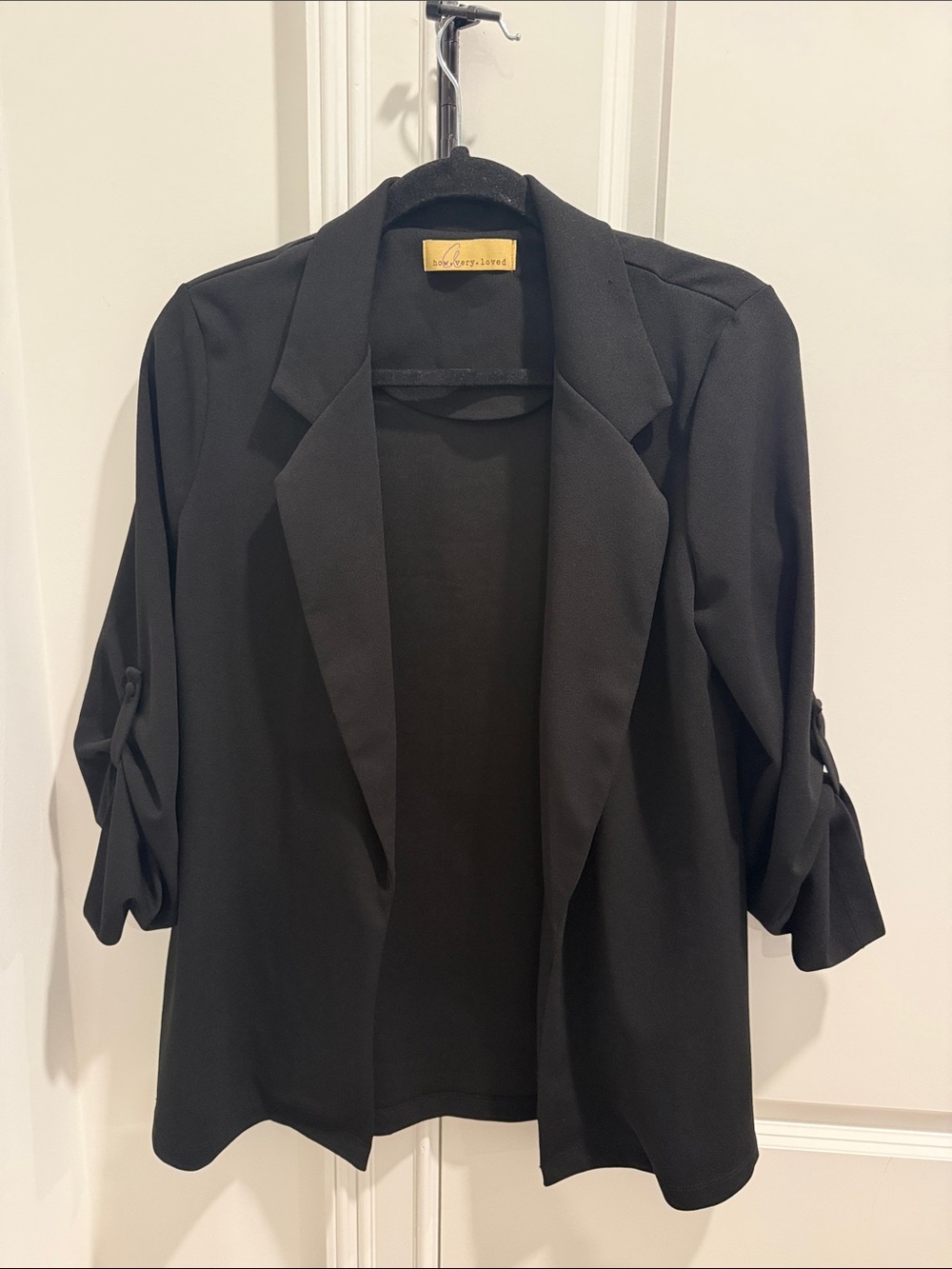 Black Open-Front Blazer with Tabbed Roll Sleeves